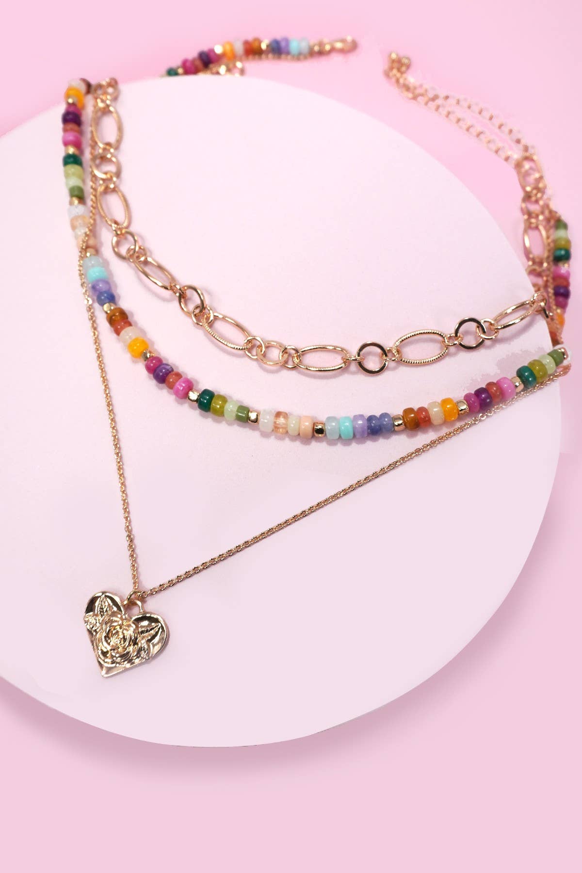 MULTI LAYERED BEADED HEART CHARM NECKLACE