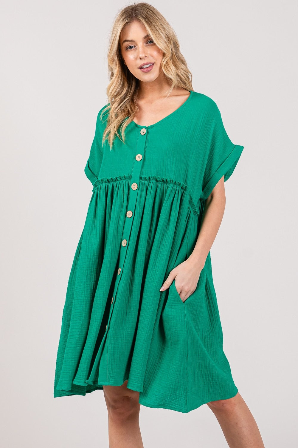 Sage Button Up Short Sleeve Dress