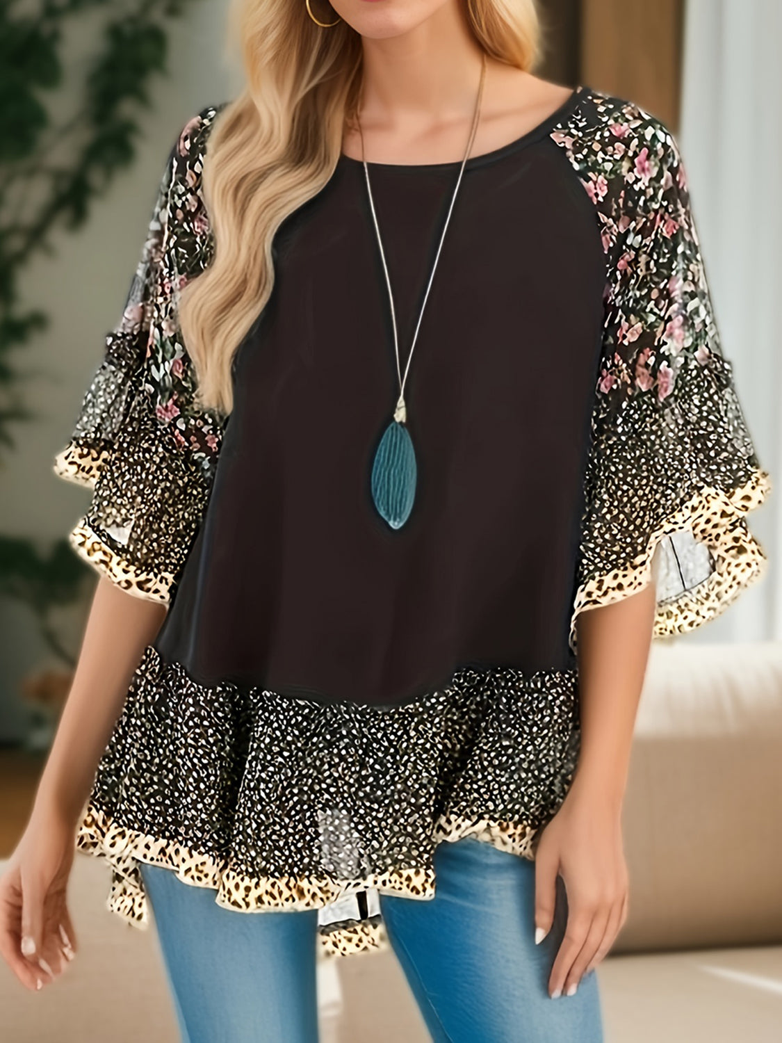 Frill Printed Sleeve Blouse