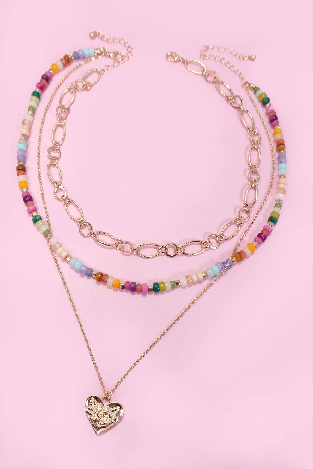 MULTI LAYERED BEADED HEART CHARM NECKLACE