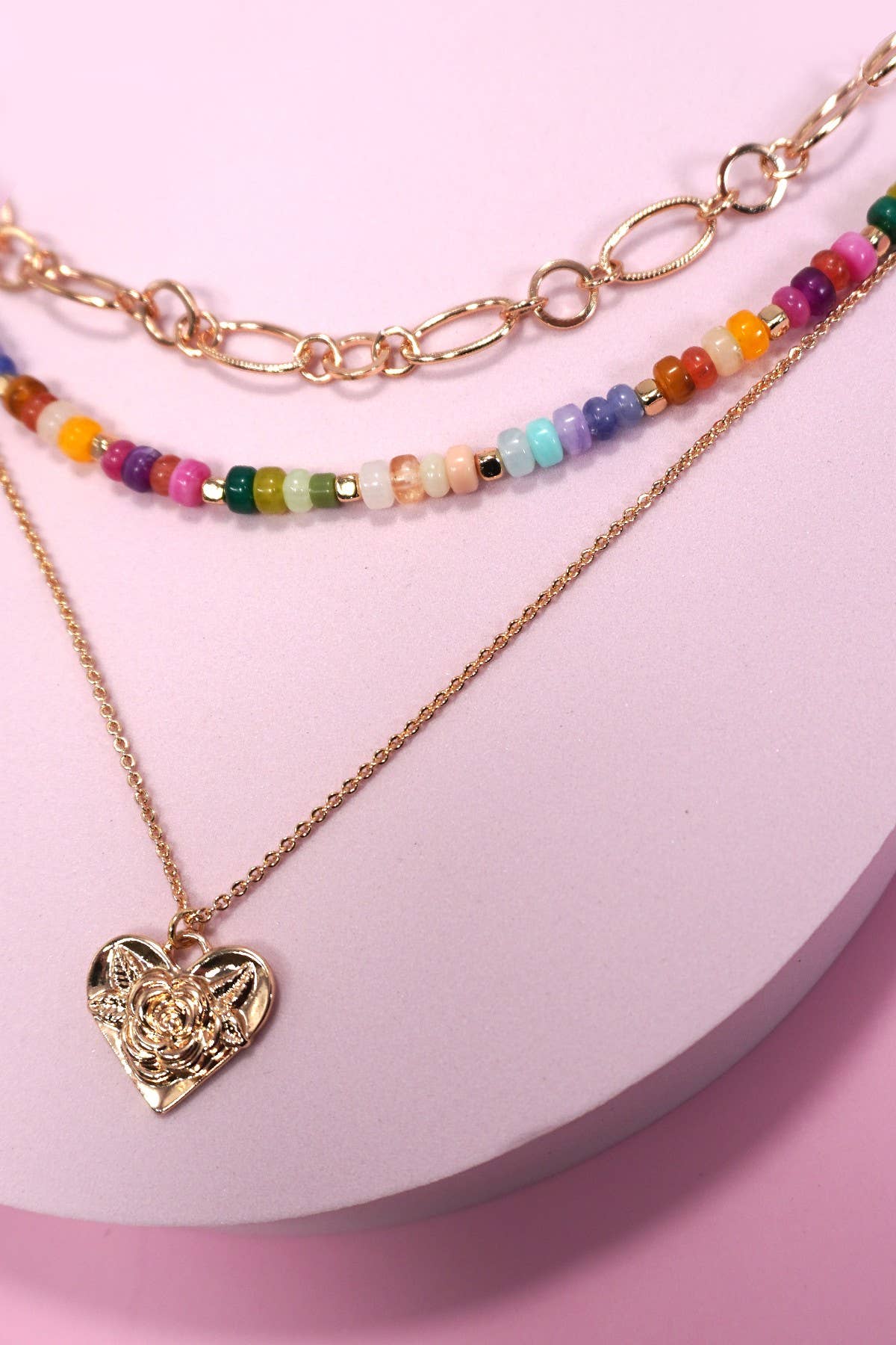 MULTI LAYERED BEADED HEART CHARM NECKLACE