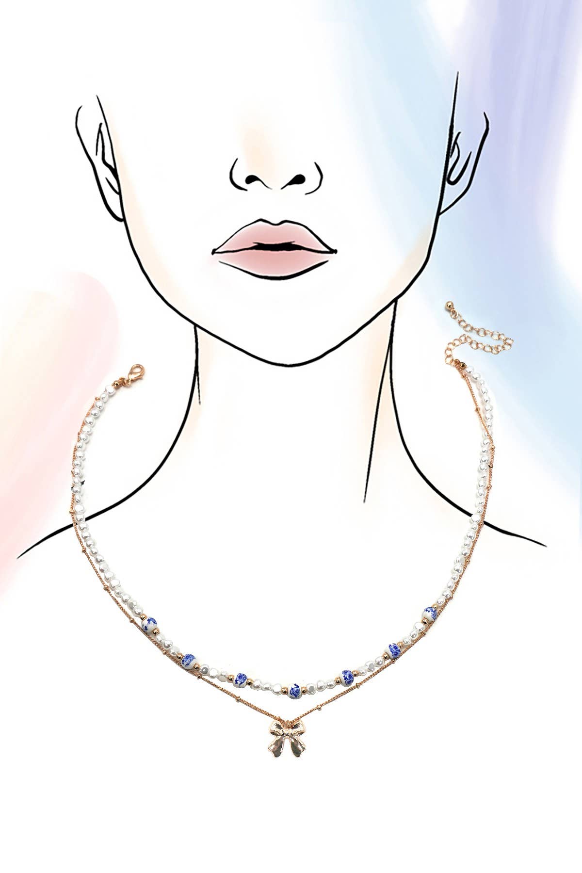 CERAMIC PORCELAIN PEARL BOW LAYER NECKLACE