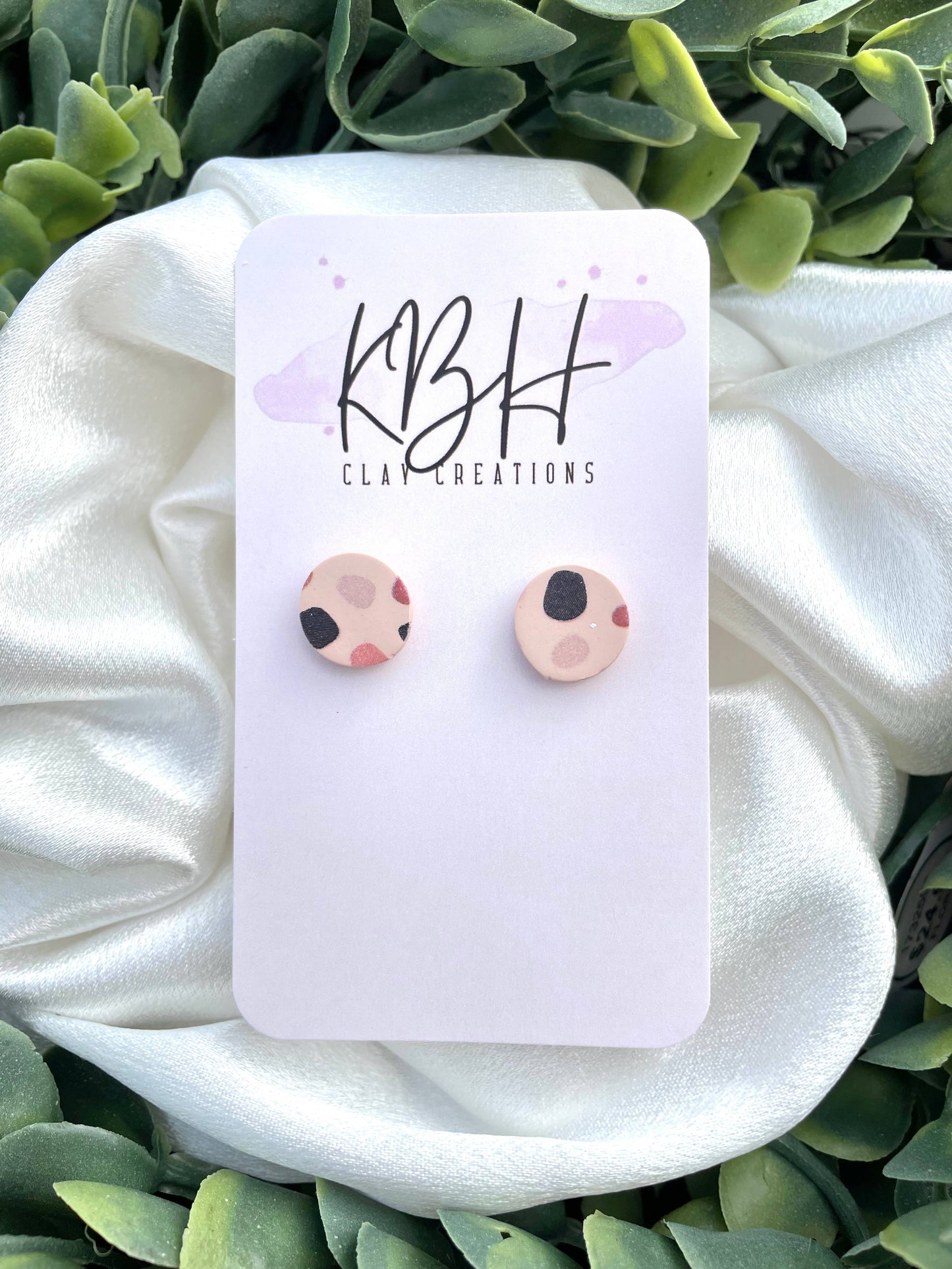 Beige Dotted Circle Stud Clay Earrings