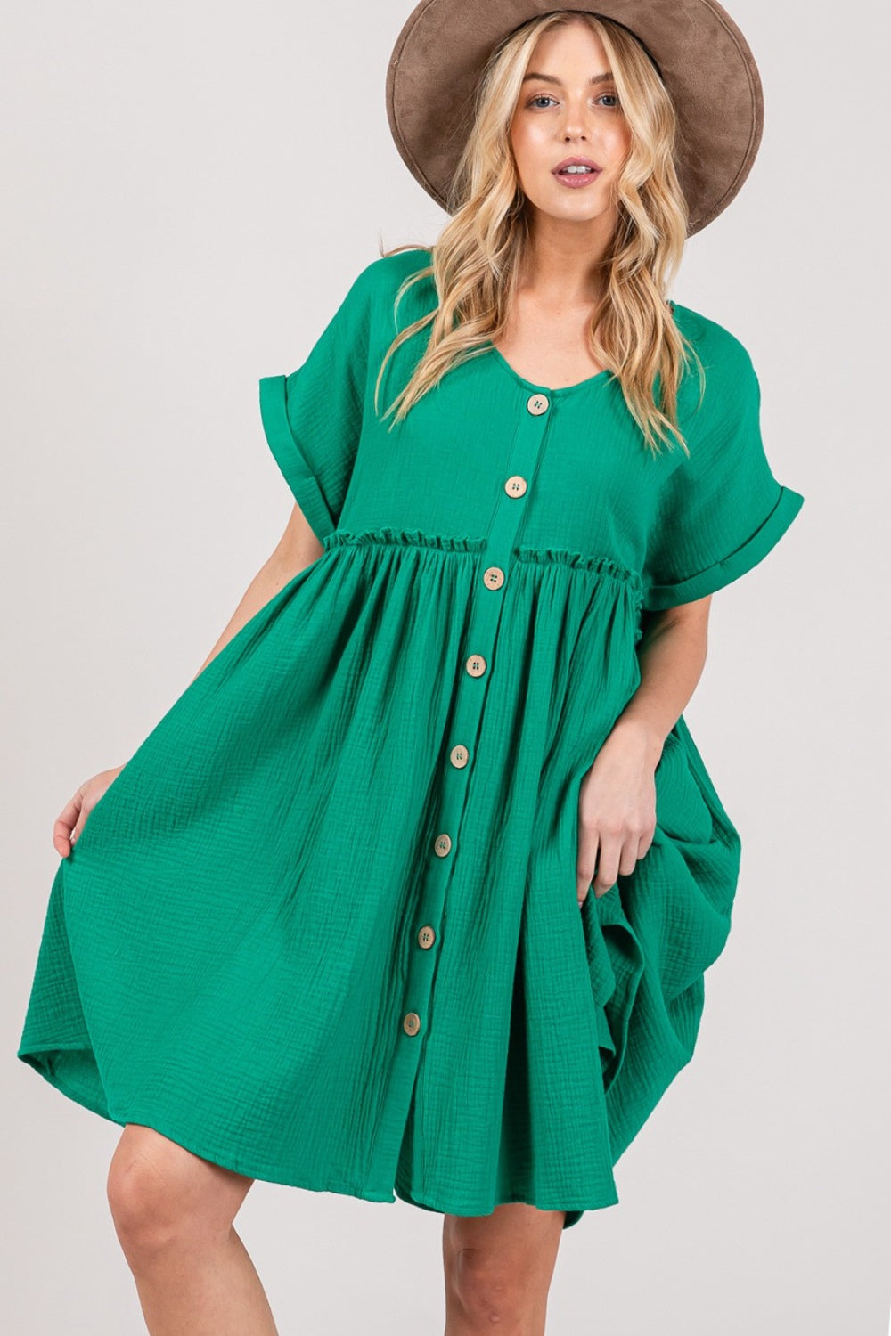 Sage Button Up Short Sleeve Dress