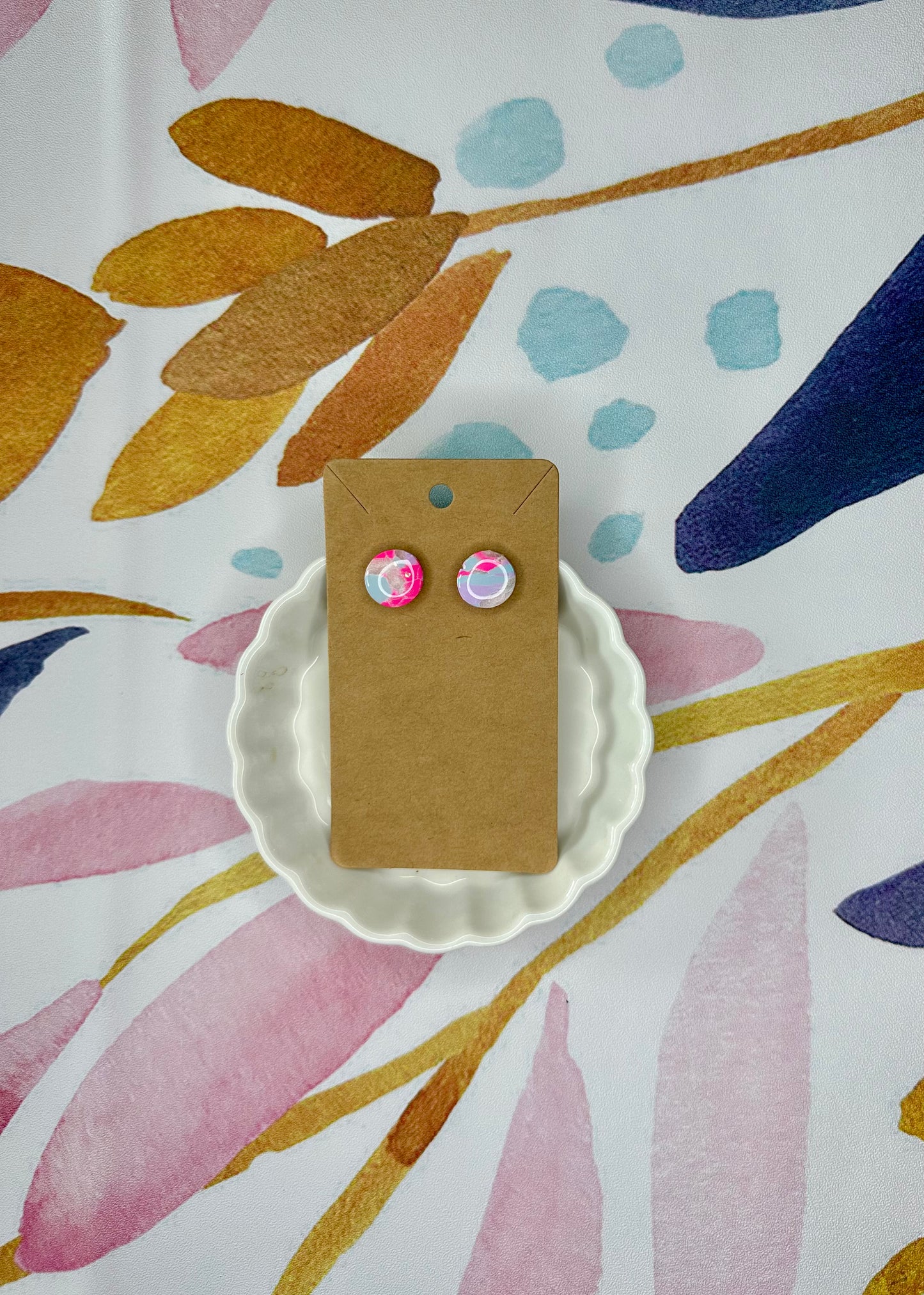 Pink Marble Circle Stud Handmade Clay Earrings