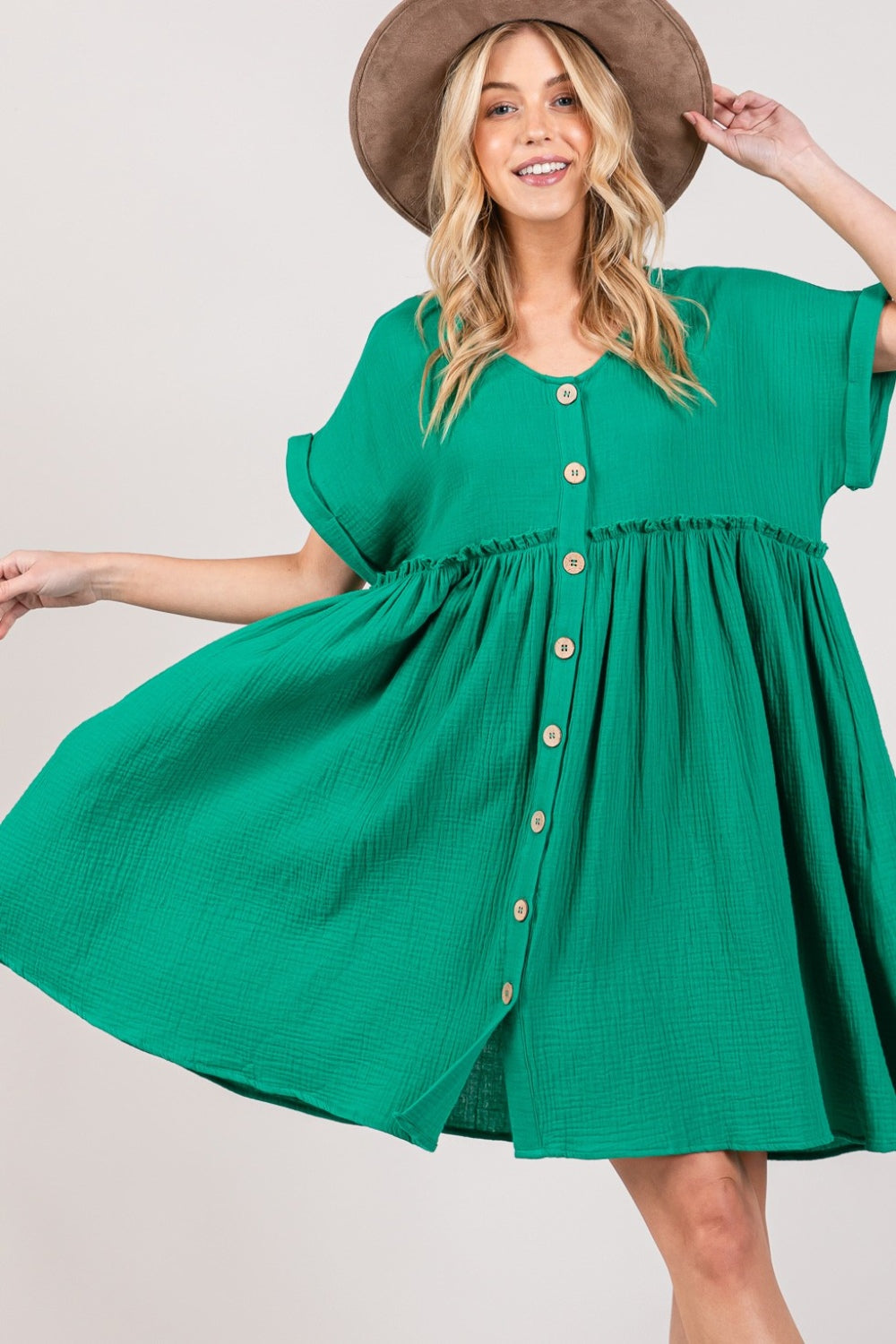 Sage Button Up Short Sleeve Dress