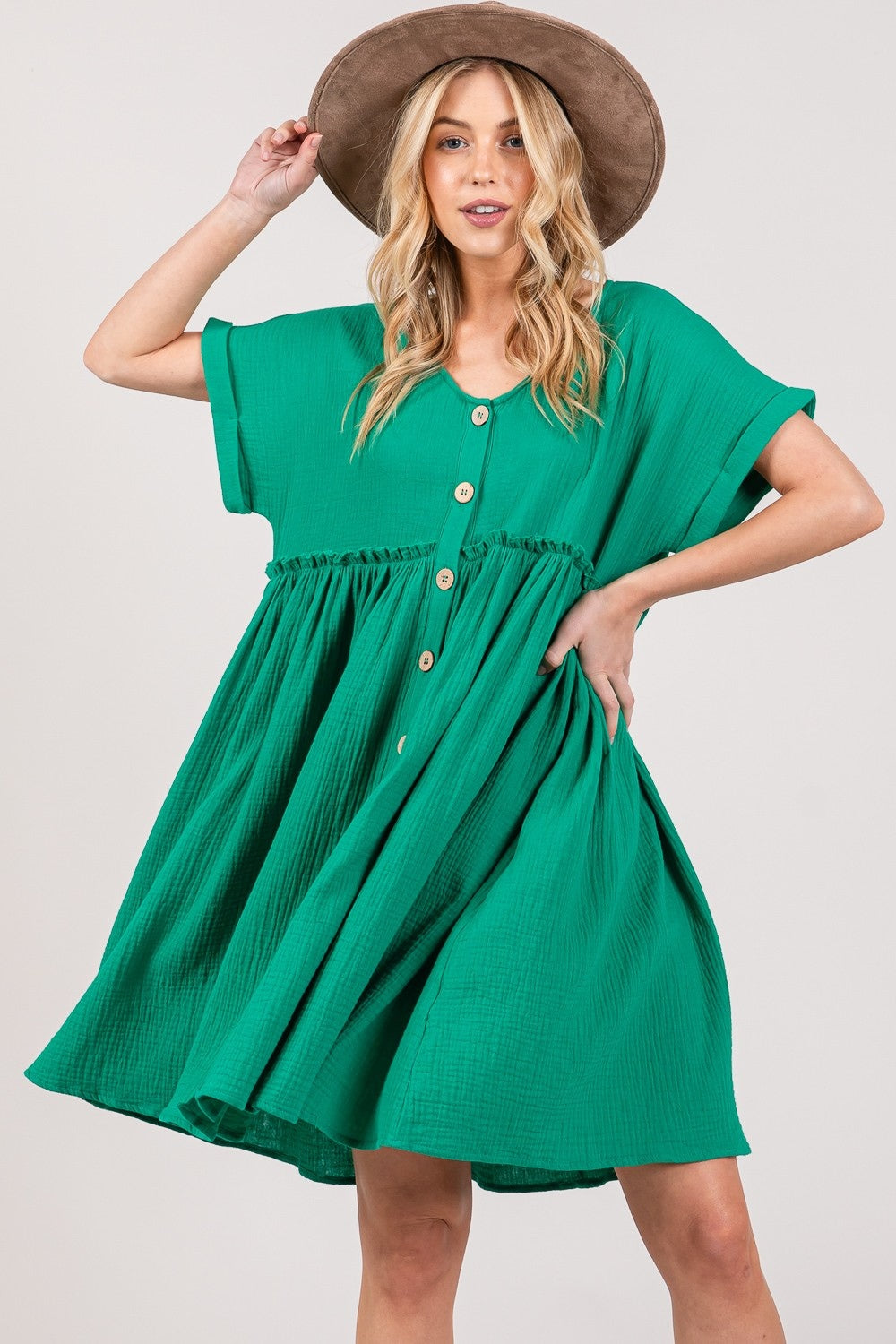 Sage Button Up Short Sleeve Dress