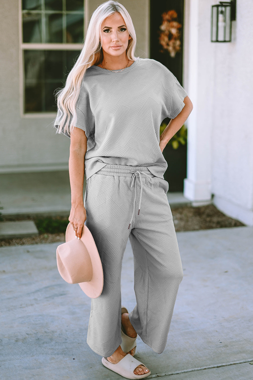 Double Take Texture Short Sleeve Top and Pants Set