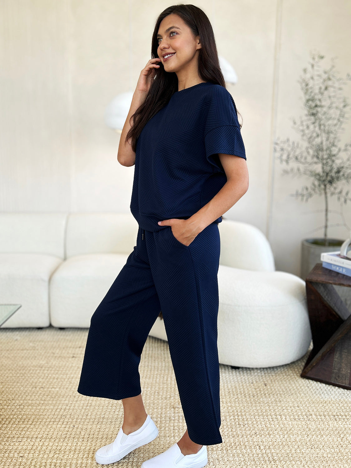 Double Take Texture Short Sleeve Top and Pants Set