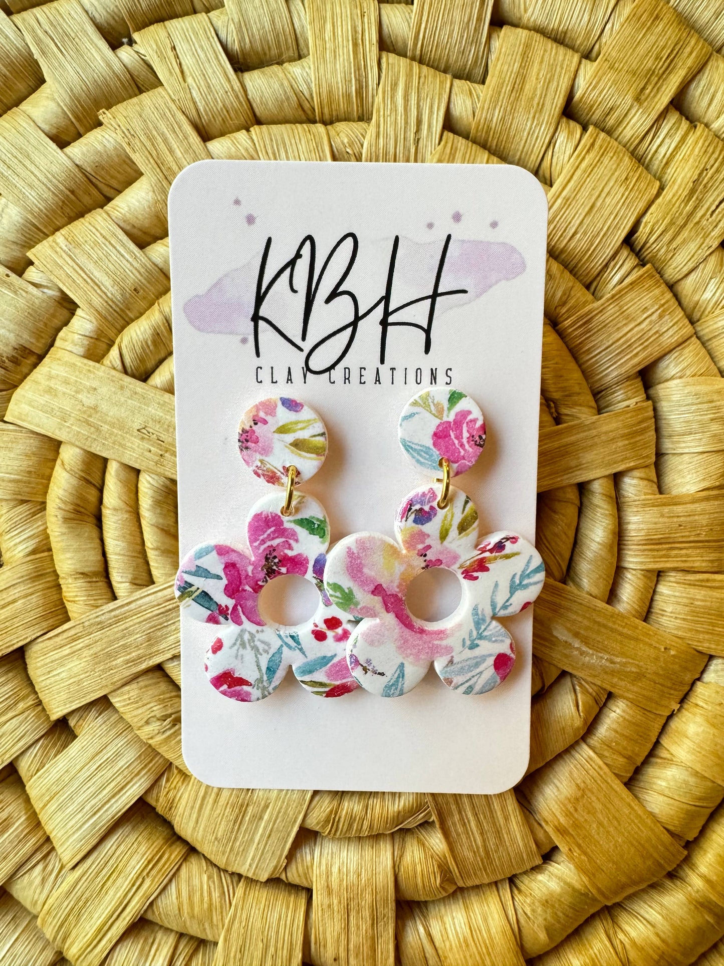 Pink Floral Flower Dangle Clay Earrings