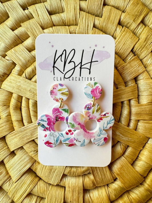 Pink Floral Flower Dangle Clay Earrings