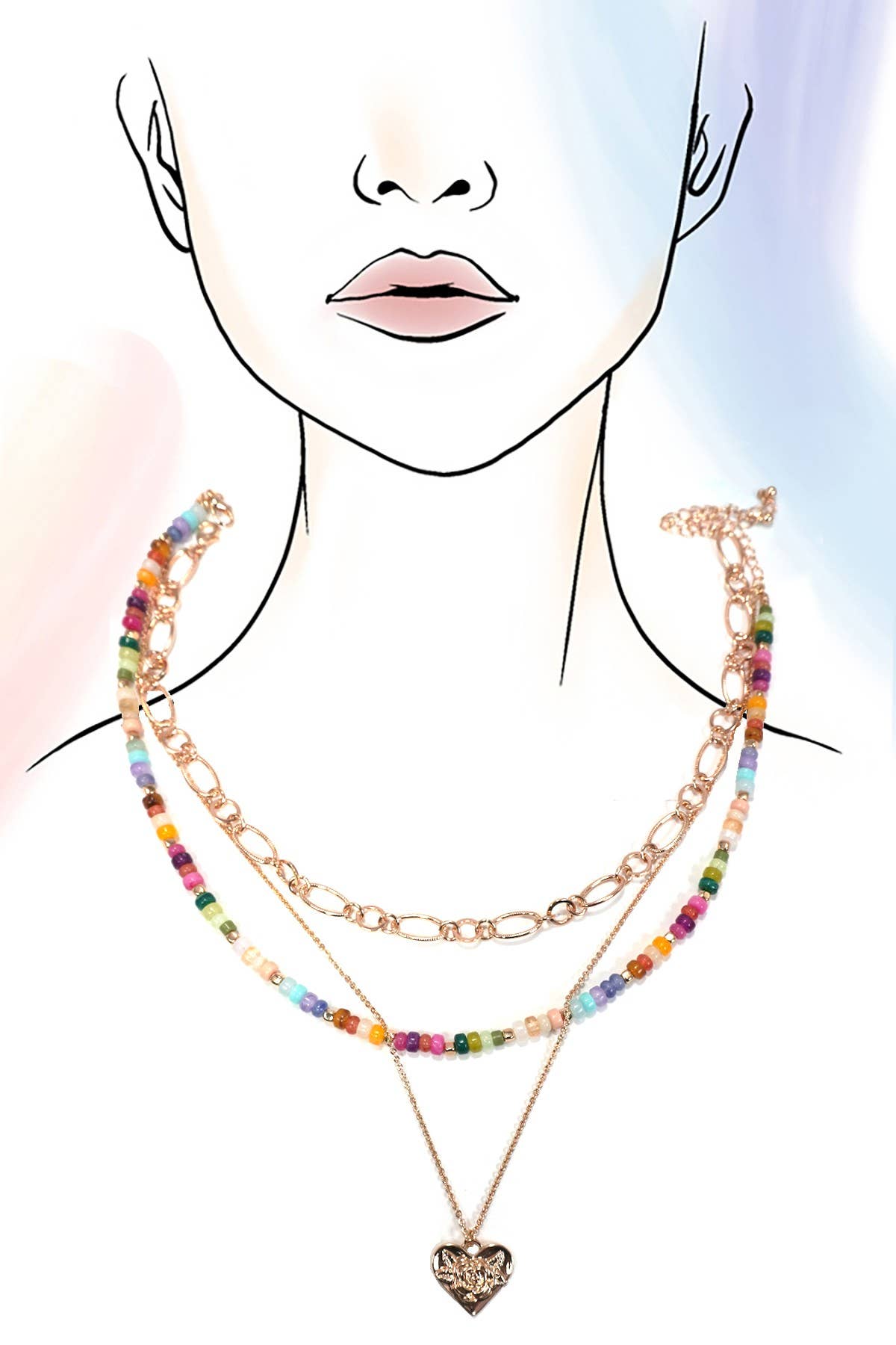 MULTI LAYERED BEADED HEART CHARM NECKLACE