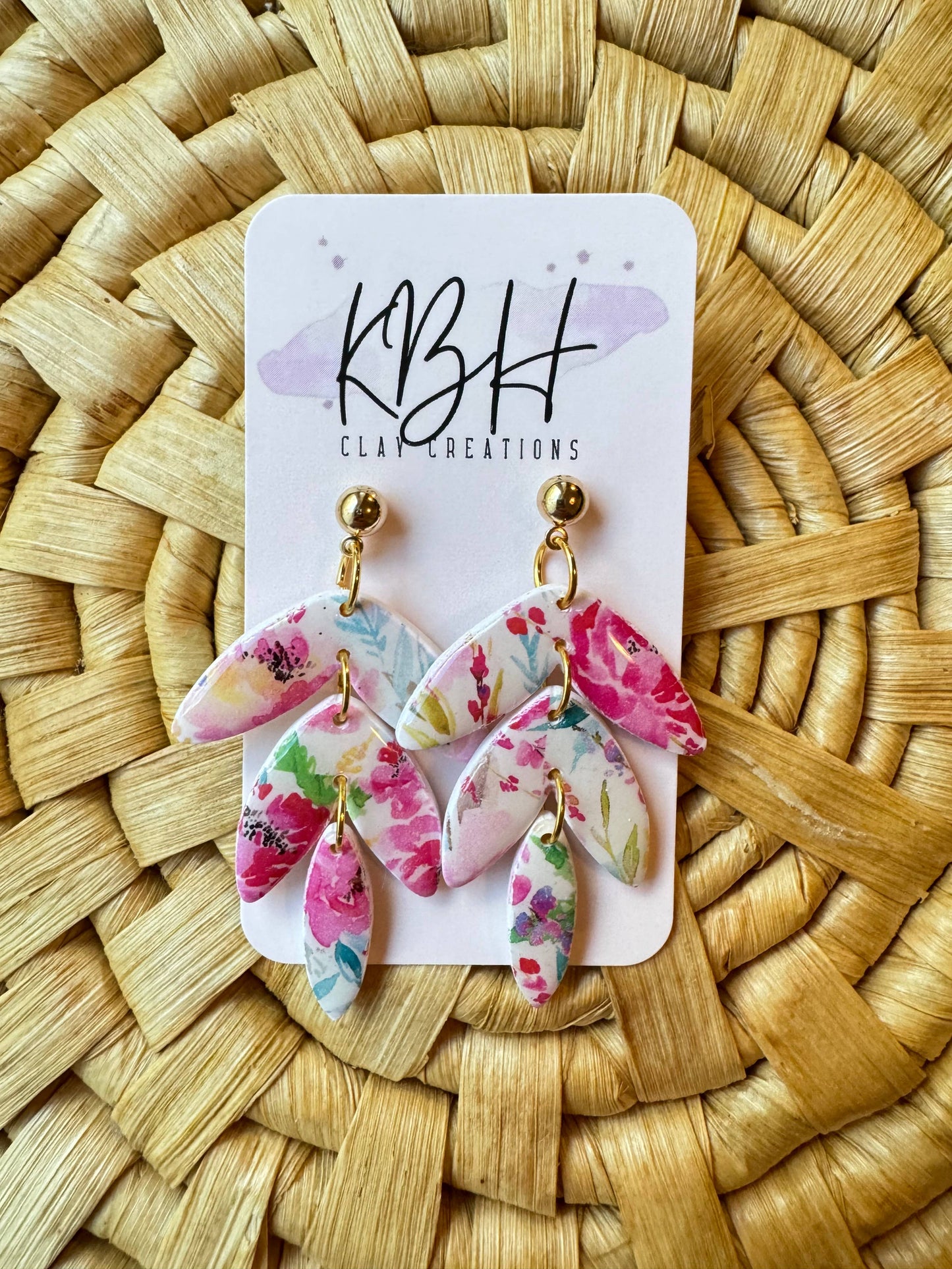 Pink Floral Leaf Dangle Clay Earrings