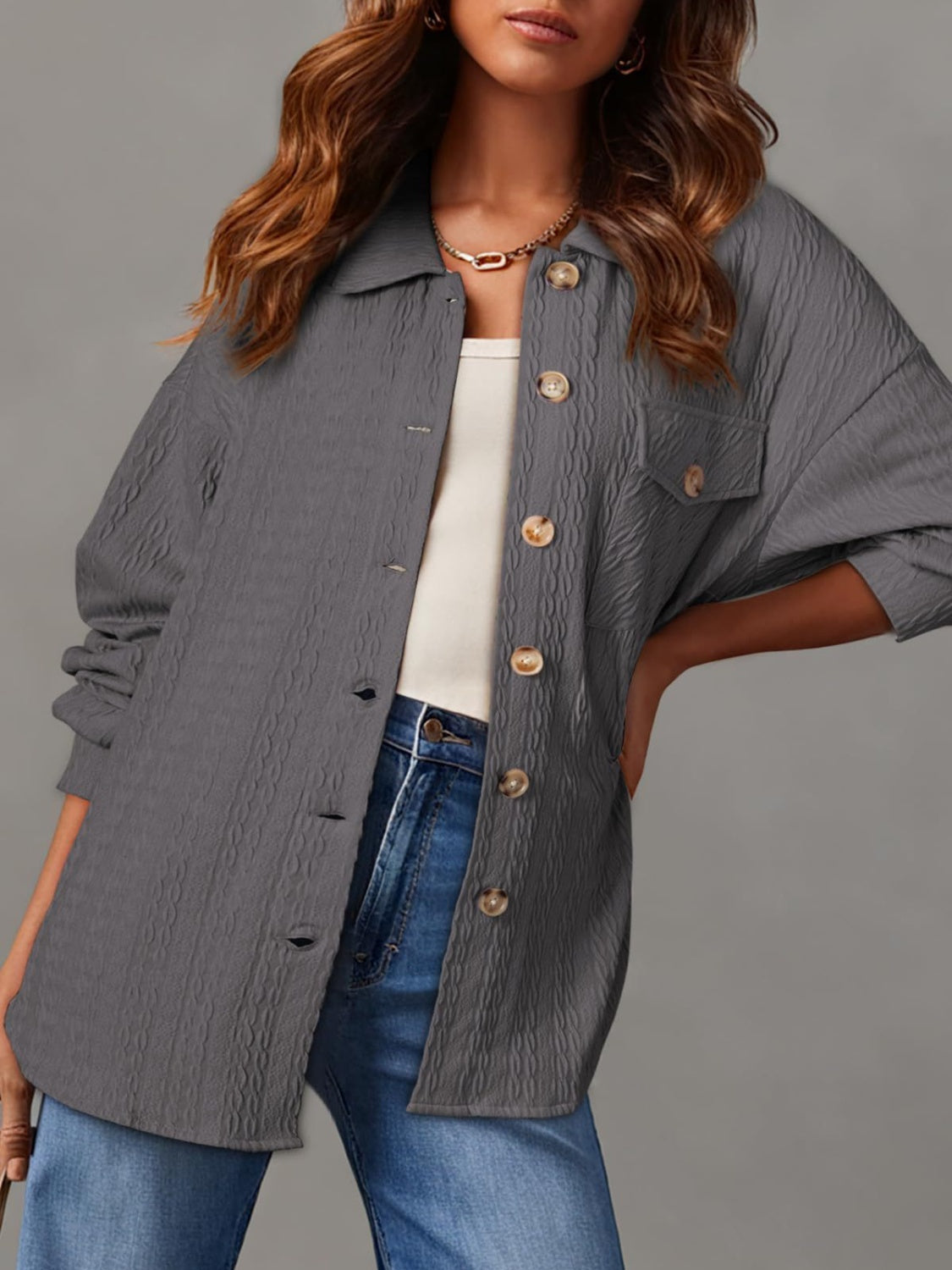 Georgia Textured Button Up Long Sleeve Shacket