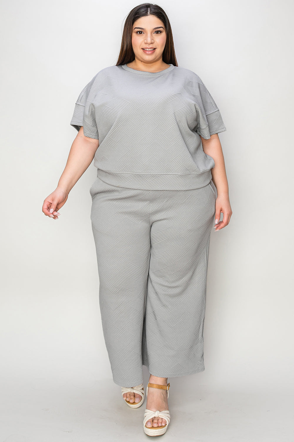 Double Take Texture Short Sleeve Top and Pants Set